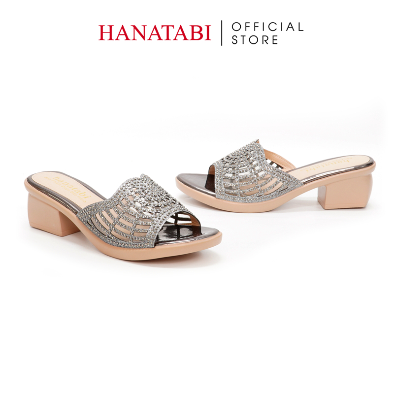 Dép Gót Nữ Hanatabi Quai Lưới Đính Xoàn Gót Cao 5cm Đế PU Siêu Nhẹ Mã HNDE5F925
