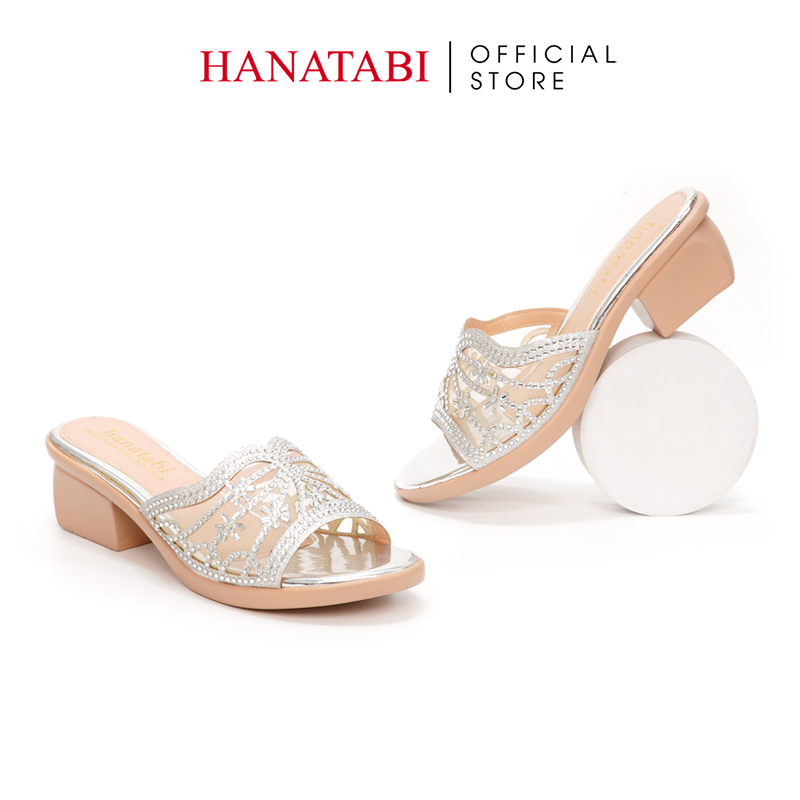 Dép Gót Nữ Hanatabi Quai Lưới Đính Xoàn Gót Cao 5cm Đế PU Siêu Nhẹ Mã HNDE5F924