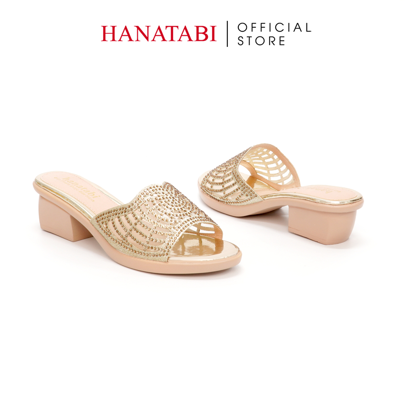 Dép Gót Nữ Hanatabi Quai Lưới Đính Xoàn Gót Cao 5cm Đế PU Siêu Nhẹ Mã HNDE5F925