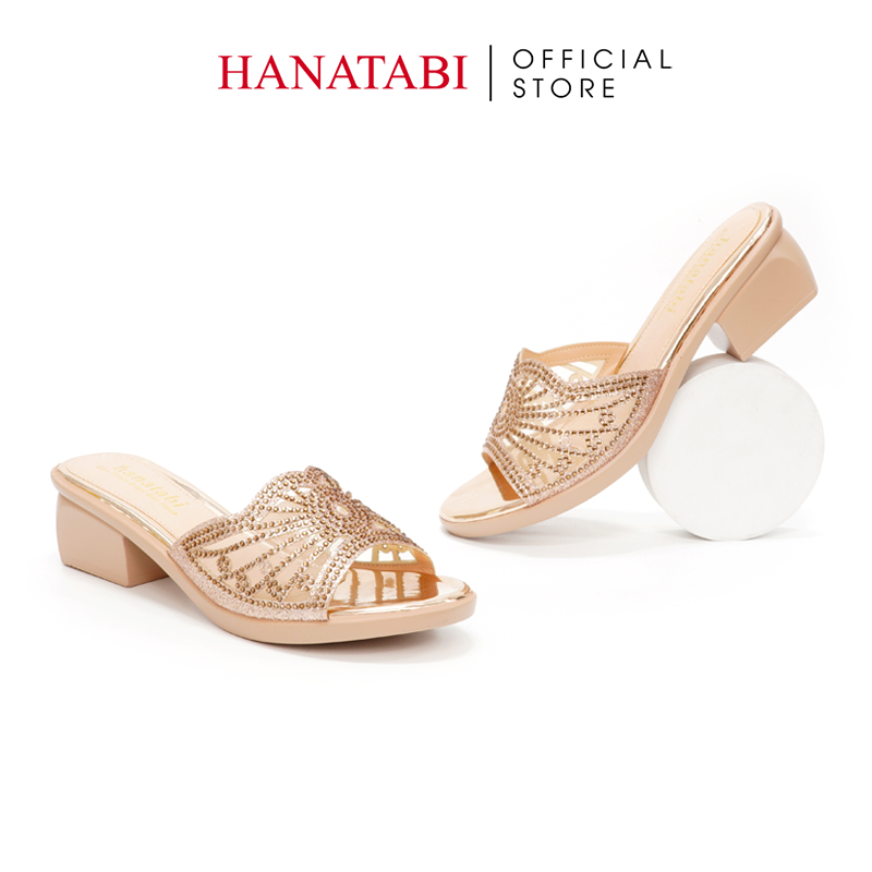 Dép Gót Nữ Hanatabi Quai Lưới Đính Xoàn Gót Cao 5cm Dế PU Siêu Nhẹ Mã HNDE5F926