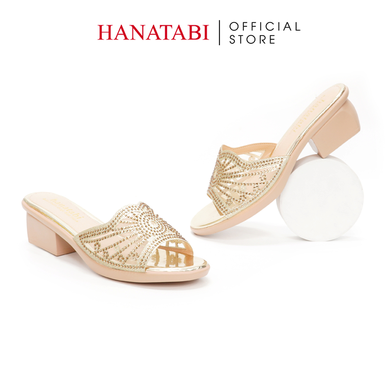 Dép Gót Nữ Hanatabi Quai Lưới Đính Xoàn Gót Cao 5cm Dế PU Siêu Nhẹ Mã HNDE5F926