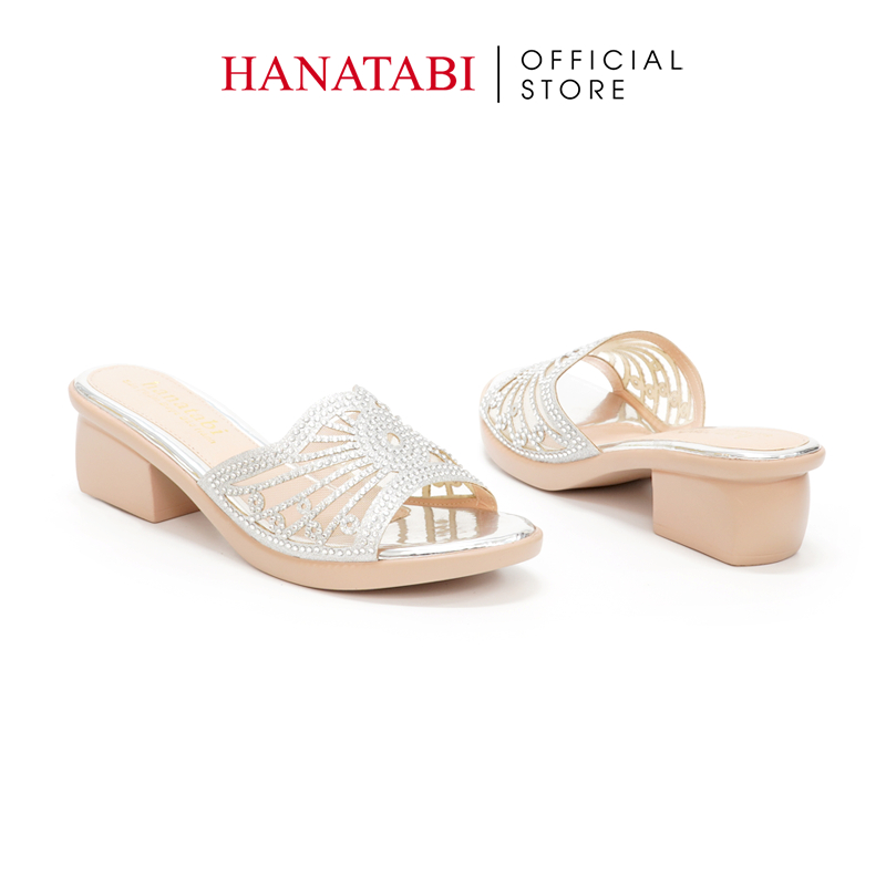 Dép Gót Nữ Hanatabi Quai Lưới Đính Xoàn Gót Cao 5cm Dế PU Siêu Nhẹ Mã HNDE5F926