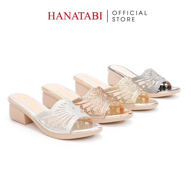 Dép Gót Nữ Hanatabi Quai Lưới Đính Xoàn Gót Cao 5cm Dế PU Siêu Nhẹ Mã HNDE5F926