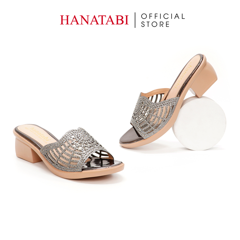Dép Gót Nữ Hanatabi Quai Lưới Đính Xoàn Gót Cao 5cm Đế PU Siêu Nhẹ Mã HNDE5F925