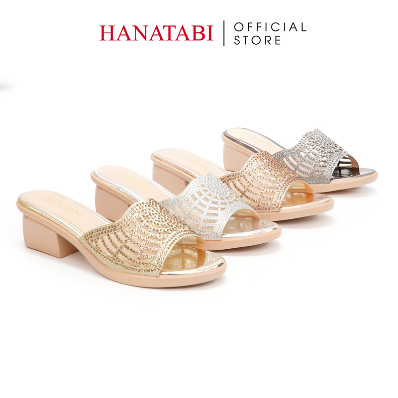Dép Gót Nữ Hanatabi Quai Lưới Đính Xoàn Gót Cao 5cm Đế PU Siêu Nhẹ Mã HNDE5F925