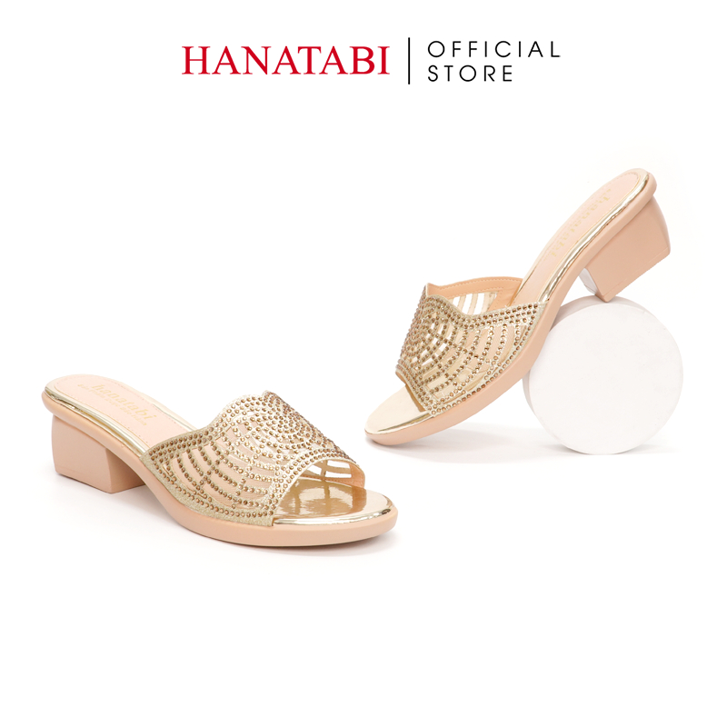 Dép Gót Nữ Hanatabi Quai Lưới Đính Xoàn Gót Cao 5cm Đế PU Siêu Nhẹ Mã HNDE5F925