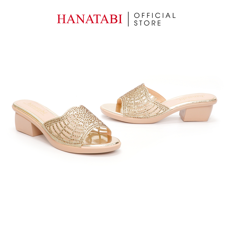 Dép Gót Nữ Hanatabi Quai Lưới Đính Xoàn Gót Cao 5cm Đế PU Siêu Nhẹ Mã HNDE5F925