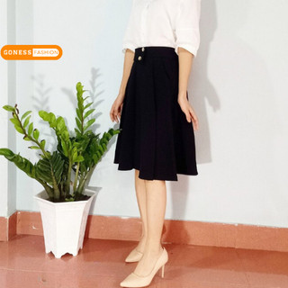 Chân váy xoè dài qua gối xếp ly công sở phối 2 cúc Goness