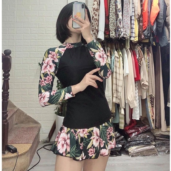 Đồ Bơi Nữ Bikini Lanbishop Hai Mảnh Tay Dài Áo Croptop Váy Xòe Họa Tiết Lanbi -048