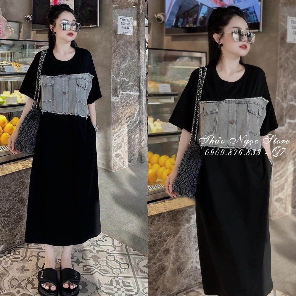 Đầm đen dáng dài kiểu phối yếm jean trước xẻ tà tay con!