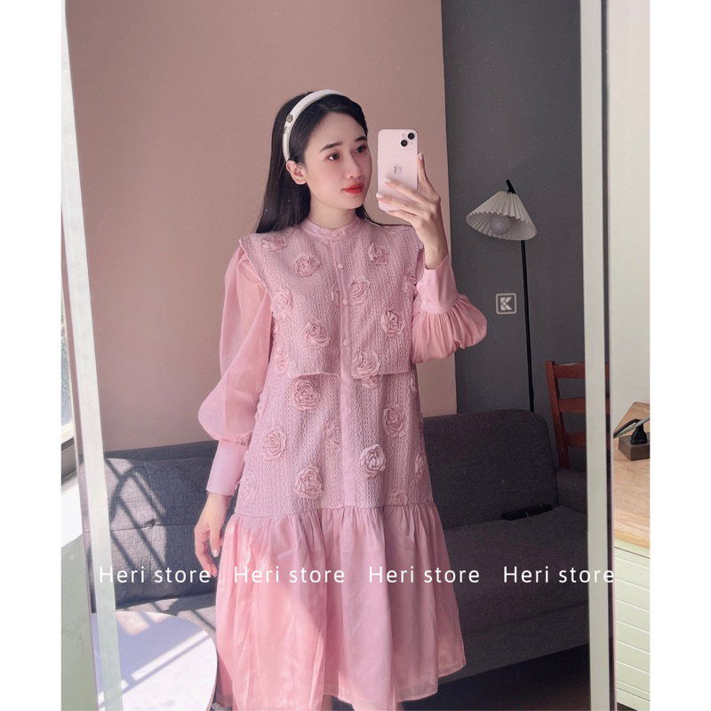 Váy bầu, váy suông ren hoa hồng tà yếm