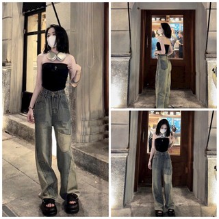 Quần jeans ống rộng đắp túi, quần bò suông cạp cao chất bò dày dặn loại 1