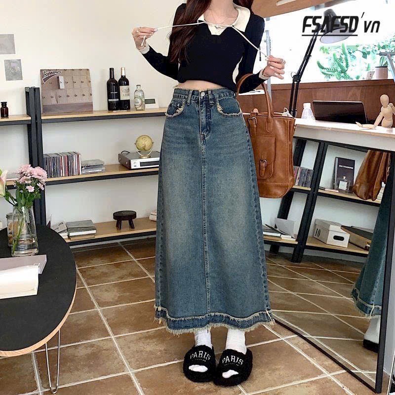 Chân Váy Jeans Dáng Dài Chữ A Phối Tua Gấu Tua Túi Mặc Tôn Dáng Phong Cách Hàn