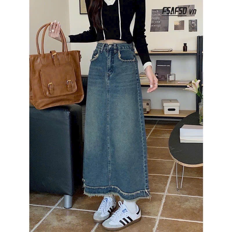 Chân Váy Jeans Dáng Dài Chữ A Phối Tua Gấu Tua Túi Mặc Tôn Dáng Phong Cách Hàn