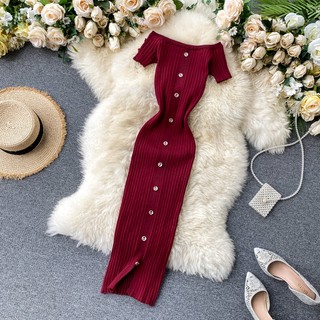 [Hàng order có video] Đầm len trễ vai gợi cảm đính kim cương