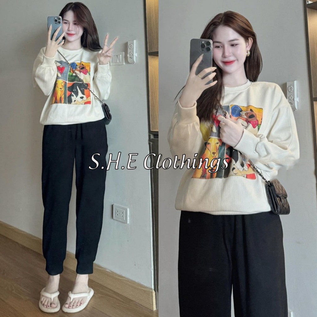 Set Bộ Đồ Nữ Áo Nỉ Họa Tiết Nhiều Cún Mix Quần Suông Ống Rộng Bo Gấu Freesize S1067
