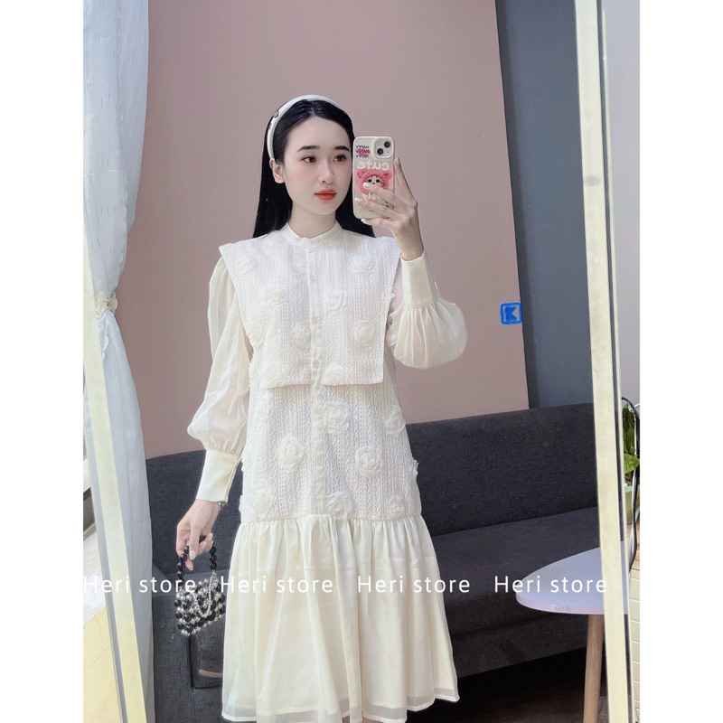 Váy bầu, váy suông ren hoa hồng tà yếm