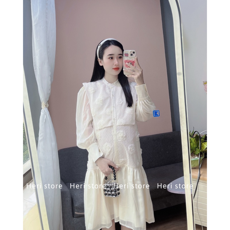 Váy bầu, váy suông ren hoa hồng tà yếm