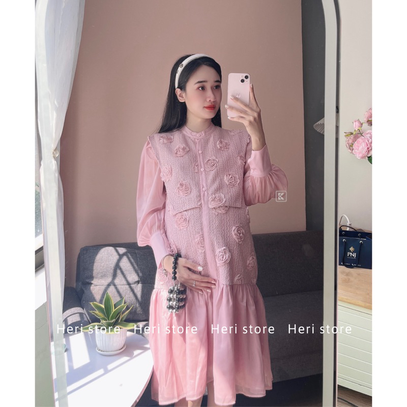 Váy bầu, váy suông ren hoa hồng tà yếm