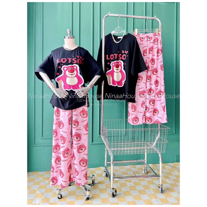 Set áo đen gấu dâu xẻ tà quần gân hồng xinh xắn, Set quần suông xinh yêu- HN Closet