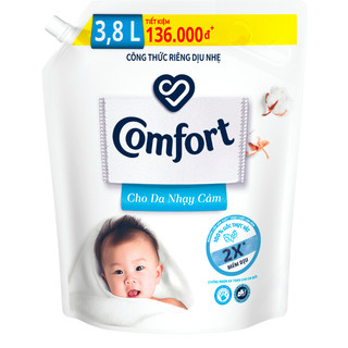 Nước xả vải Comfort cho da nhạy cảm 3.8L Tặng Nước rửa chén Sunlight thiên nhiên muối khoáng lô hội chai 370g