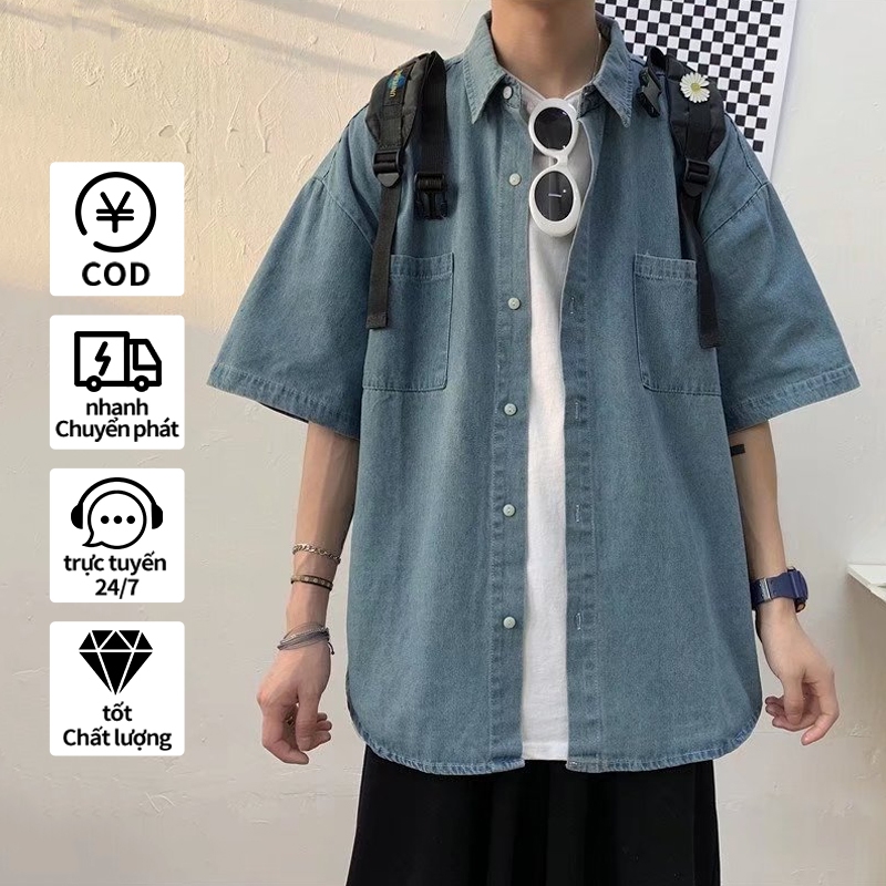 Áo Sơ Mi denim Nam hàn quốc dáng suông Áo sơmi jean Retro Tay Lửng Unisex Thời Trang Giản Dị Dành Cho Mùa Hè tay ngắn