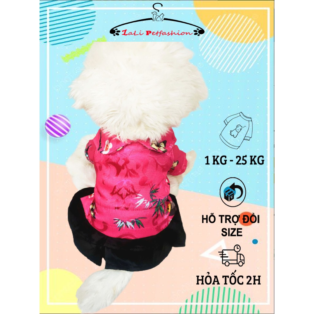 Áo dài cách tân họa tiết hoa đào mặc tết dành cho thú cưng, Đầm cách tân dành cho chó mèo LaLi Petfashion