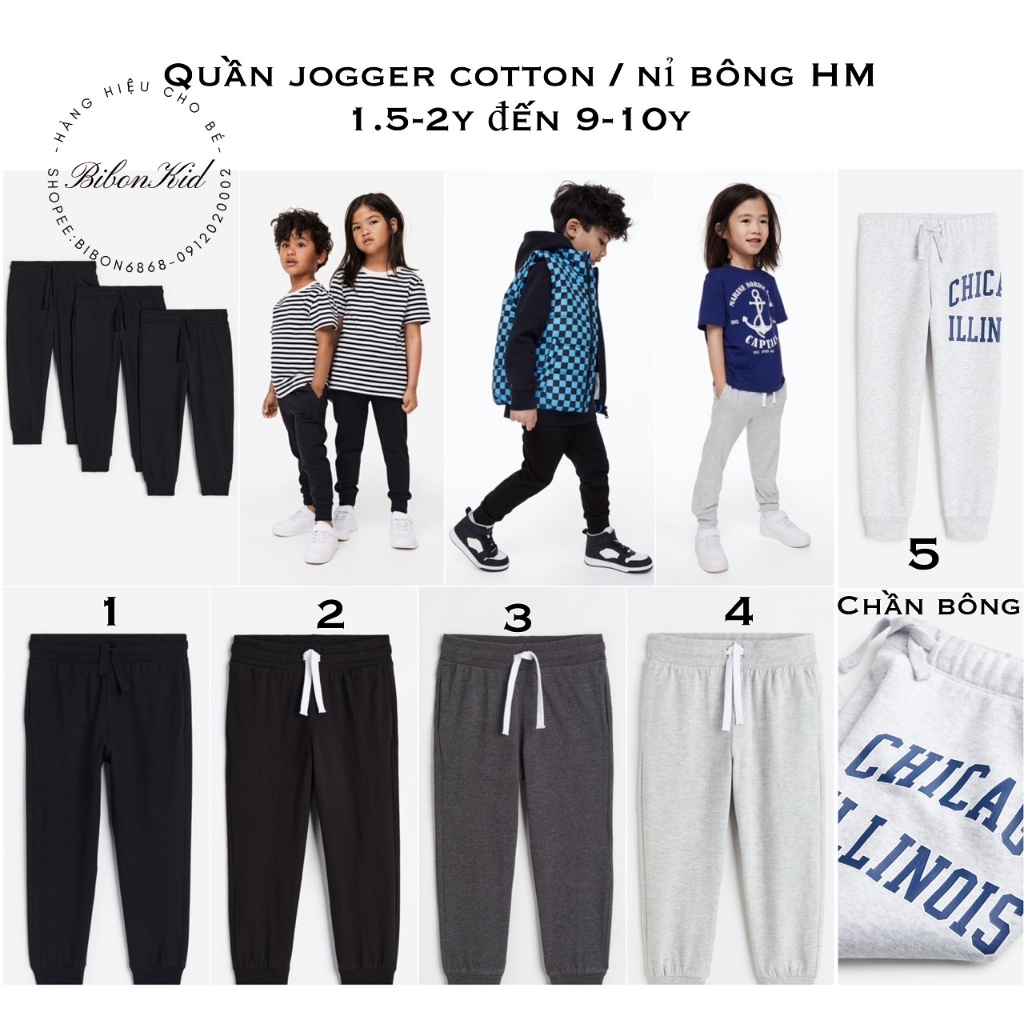 Quần jogger cotton / chần bông kids HM US từ 1.5-2y đến 9-10y