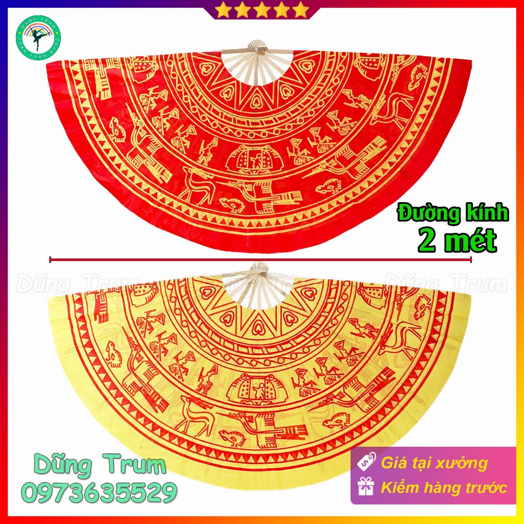 Quạt đại trống đồng họa tiết in màu sắc đỏ vàng, quạt múa trống đồng cỡ lớn kích thước 1m6 2m