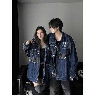 Áo khoác denim - áo khoác jean rách phối da hoạ tiết chữ form rộng cho nam nữ