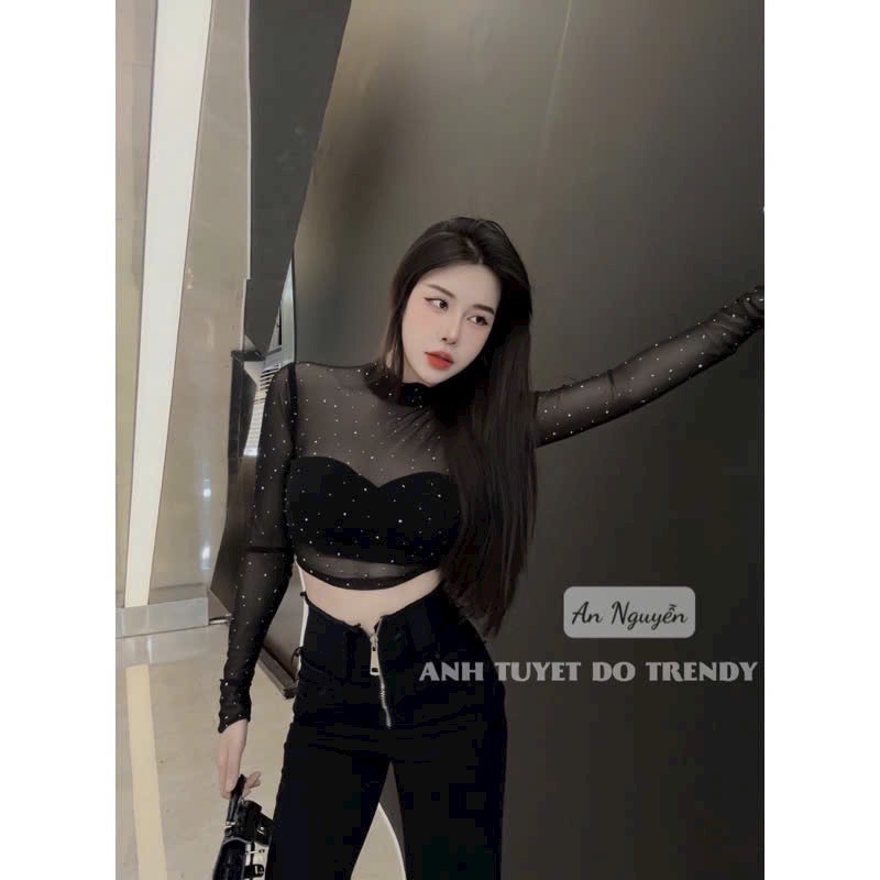 Set Áo Croptop Ống + Áo Tay Dài Lưới Đính Đá