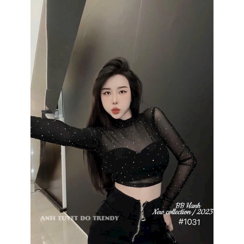 Set Áo Croptop Ống + Áo Tay Dài Lưới Đính Đá