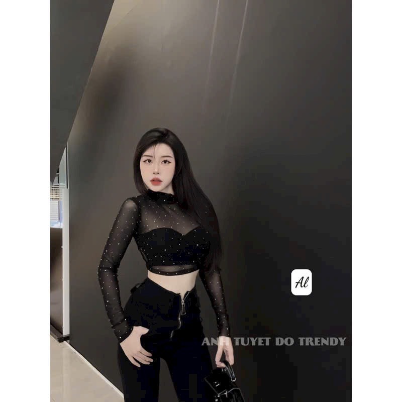 Set Áo Croptop Ống + Áo Tay Dài Lưới Đính Đá