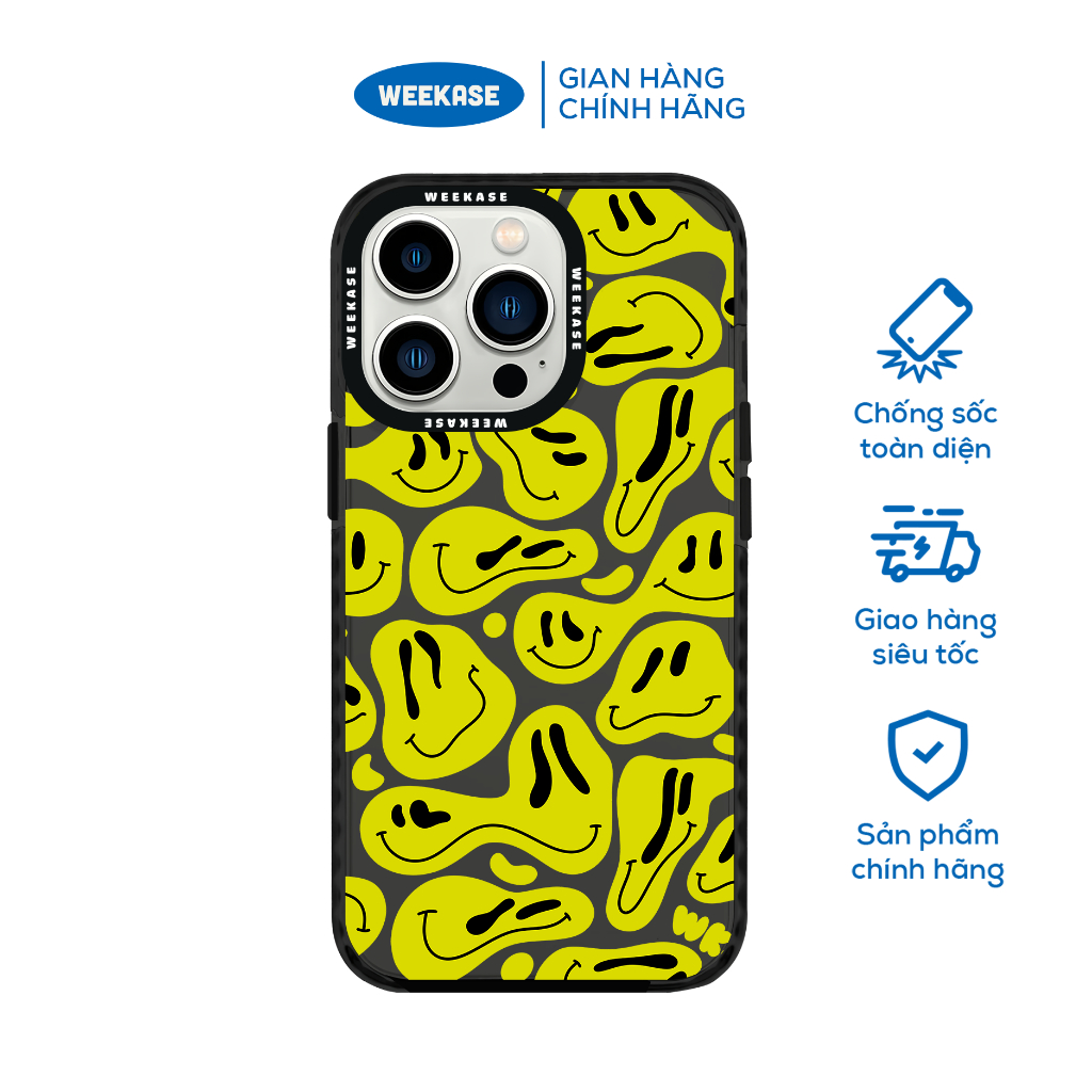 Ốp lưng iPhone viền trắng, đen chống sốc chống va đập Weekase in hình Smiley Yellow - Màu in cực bền