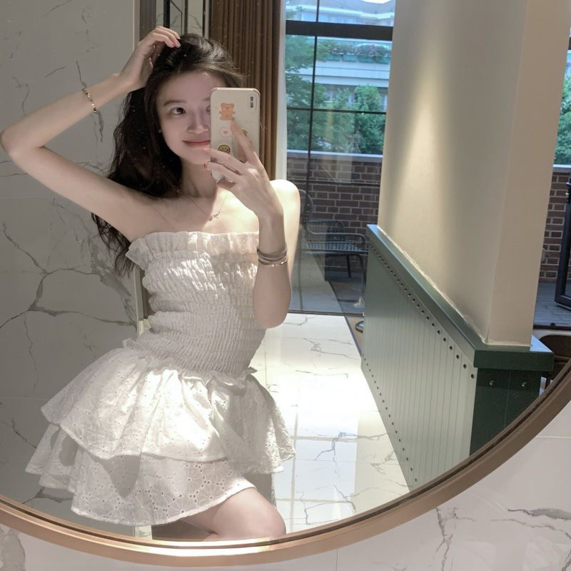 Đầm ren nhún cúp ngực dáng xoè phối xếp tầng phong cách hàn quốc