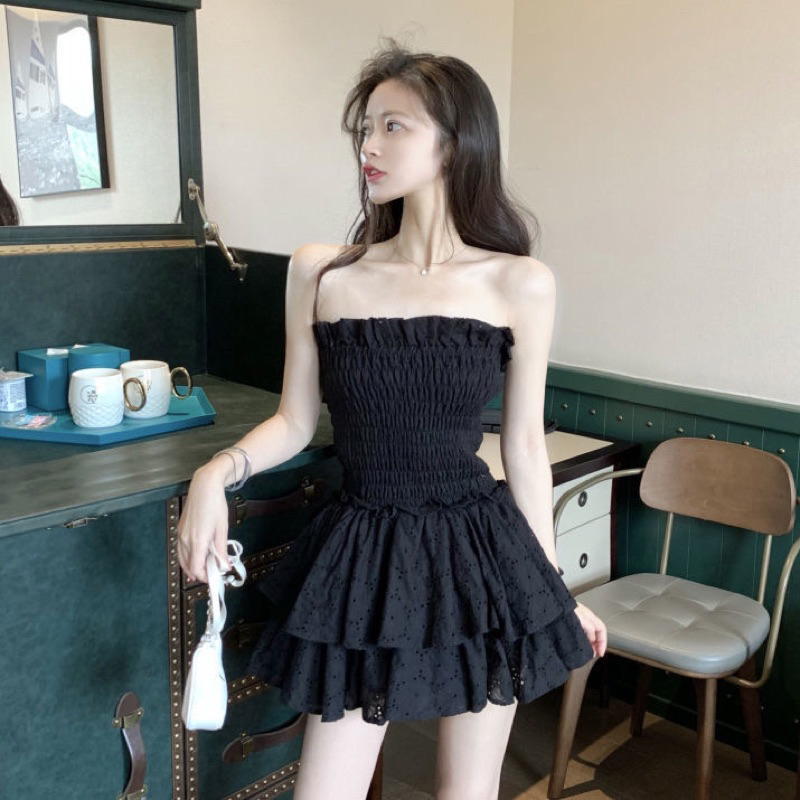 Đầm ren nhún cúp ngực dáng xoè phối xếp tầng phong cách hàn quốc