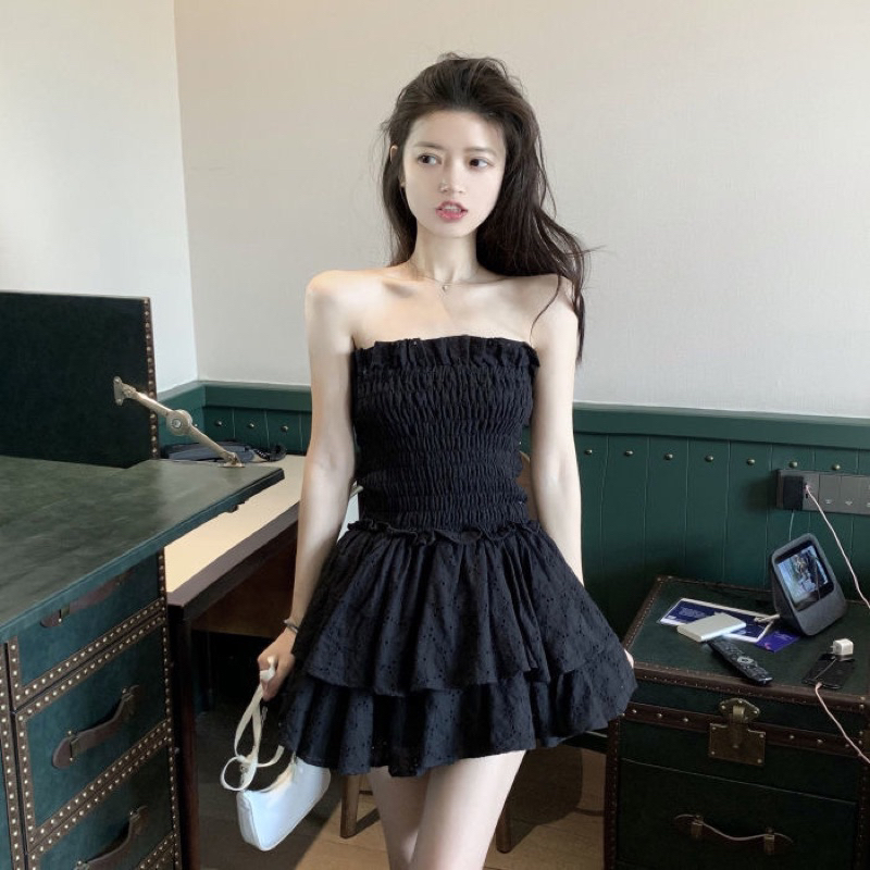 Đầm ren nhún cúp ngực dáng xoè phối xếp tầng phong cách hàn quốc