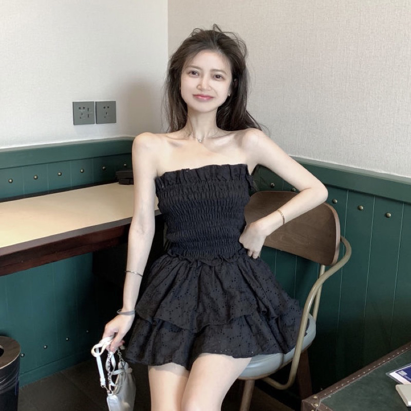 Đầm ren nhún cúp ngực dáng xoè phối xếp tầng phong cách hàn quốc