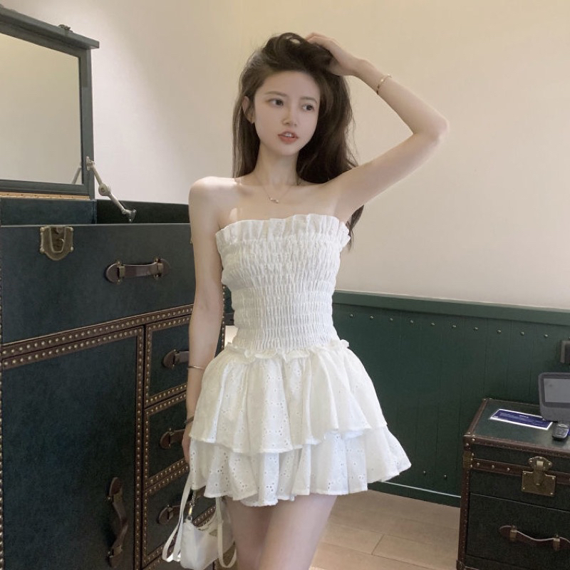 Đầm ren nhún cúp ngực dáng xoè phối xếp tầng phong cách hàn quốc