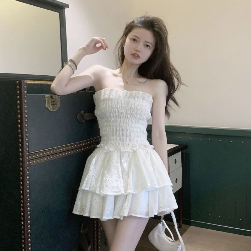 Đầm ren nhún cúp ngực dáng xoè phối xếp tầng phong cách hàn quốc