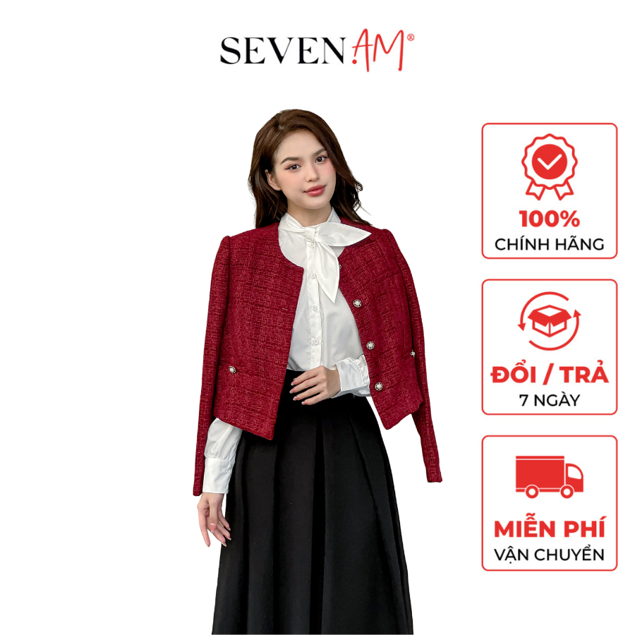 Áo khoác dạ đỏ cổ tròn dài tay thời trang nữ Seven.AM OA0100I