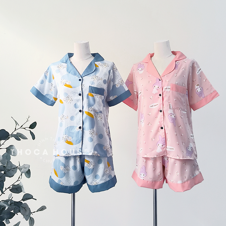 Bộ pijama đùi mặc nhà lụa mango THOCA HOUSE đồ bộ đùi mặc nhà hoạt hình dễ thương cho bạn gái lụa mát thoải mái
