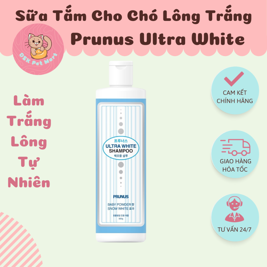 Sữa Tắm Cho Chó Mèo Lông Trắng - Prunus Ultra White Shampoo Chai 500gr