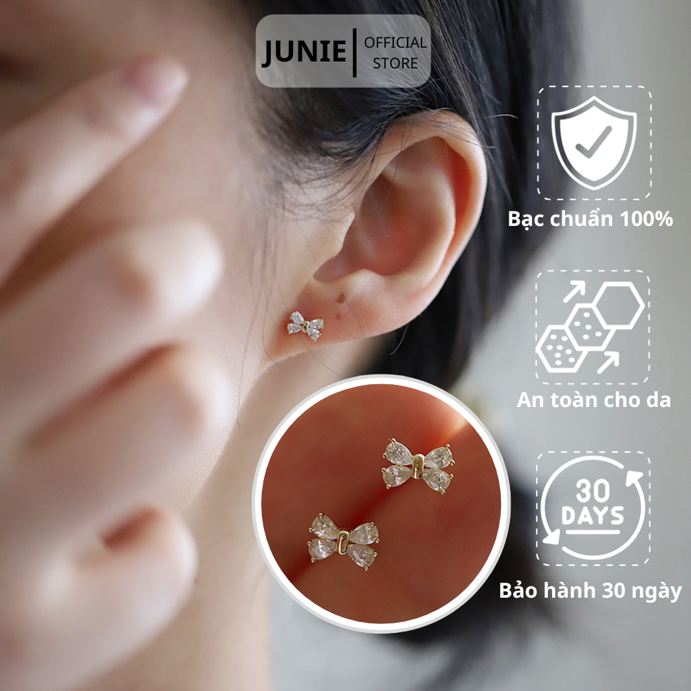 Bông Tai Bạc Mạ Vàng JUNIE, Tạo Hình Chiếc Nơ Nhỏ Đính Đá E-RILEY