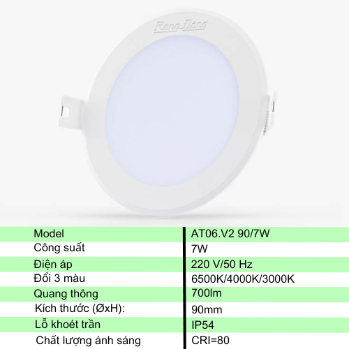 Đèn LED Âm trần Downlight Rạng Đông Model AT06 90/7W