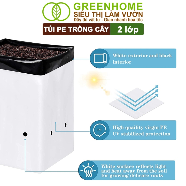 Túi Trồng Cây Greenhome, PE 2 Lớp, 17x33CM Chống UV, Tiện Lợi, Kinh Tế, Độ Bền 1,5 Năm, Trồng Rau, Hoa, Dâu Tây