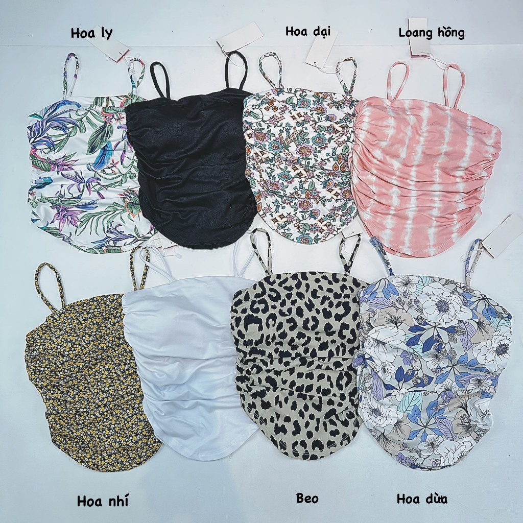 Áo Croptop Thể Thao Nữ Hoạ Tiết 2 Dây Mảnh Nhún Hông Xinh Xắn