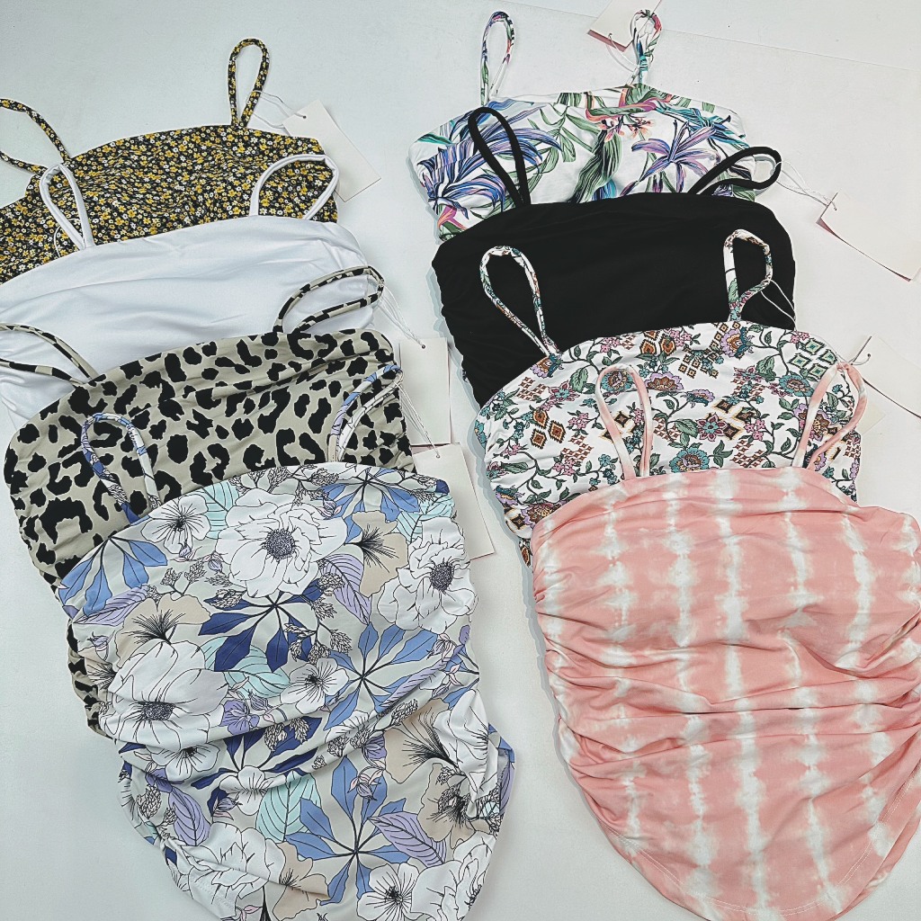 Áo Croptop Thể Thao Nữ Hoạ Tiết 2 Dây Mảnh Nhún Hông Xinh Xắn