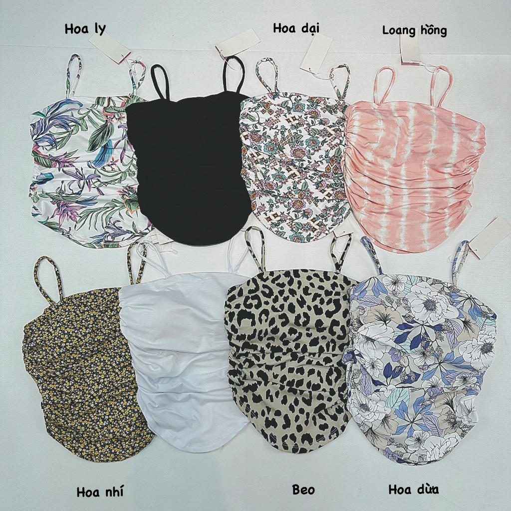 Áo Croptop Thể Thao Nữ Hoạ Tiết 2 Dây Mảnh Nhún Hông Xinh Xắn