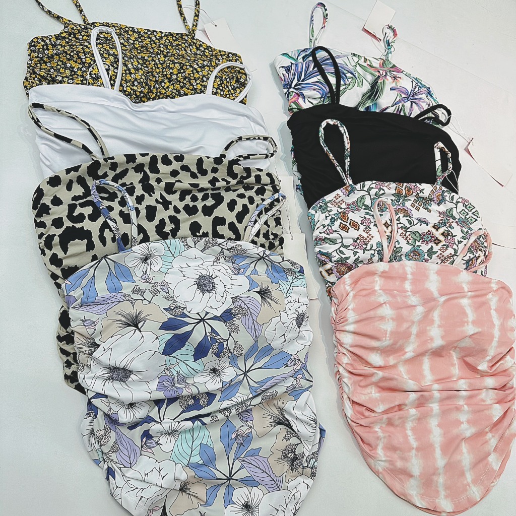 Áo Croptop Thể Thao Nữ Hoạ Tiết 2 Dây Mảnh Nhún Hông Xinh Xắn